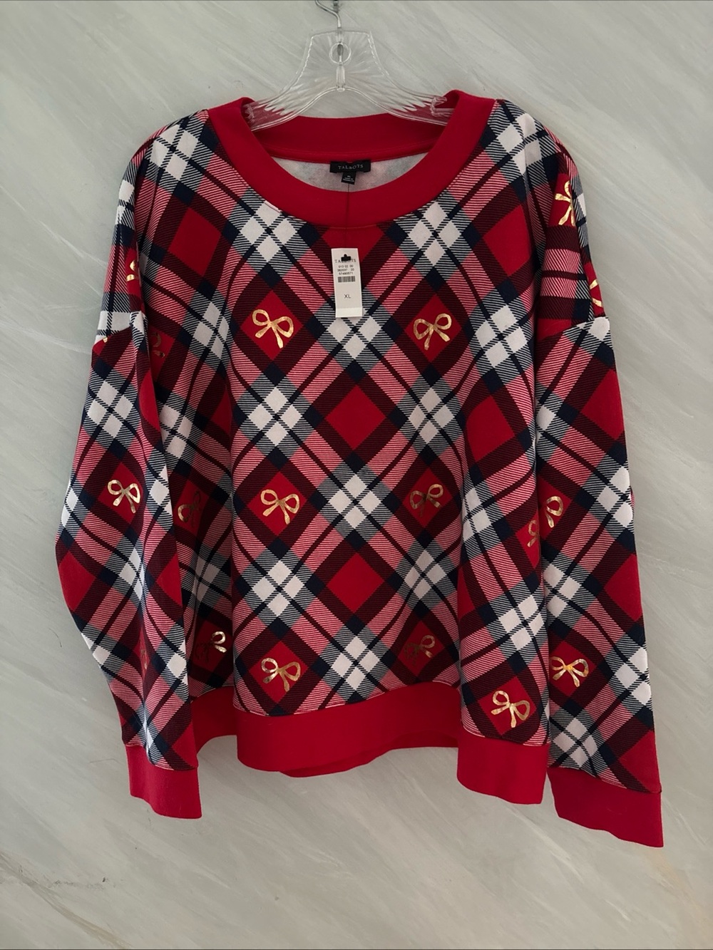 Talbots XL Crewneck  Chestnut Plaid Bows Red Navy Blue Gold Sweatshirt NEW!!!